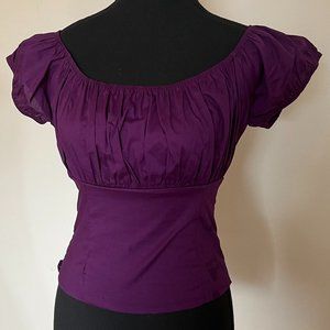 Purple Shirred Pinup Blouse With Puff Sleeves